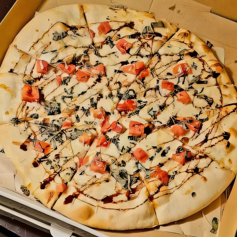 A whole pizza from The Pizza Spot, topped with cheese, red peppers, and a dark drizzle.